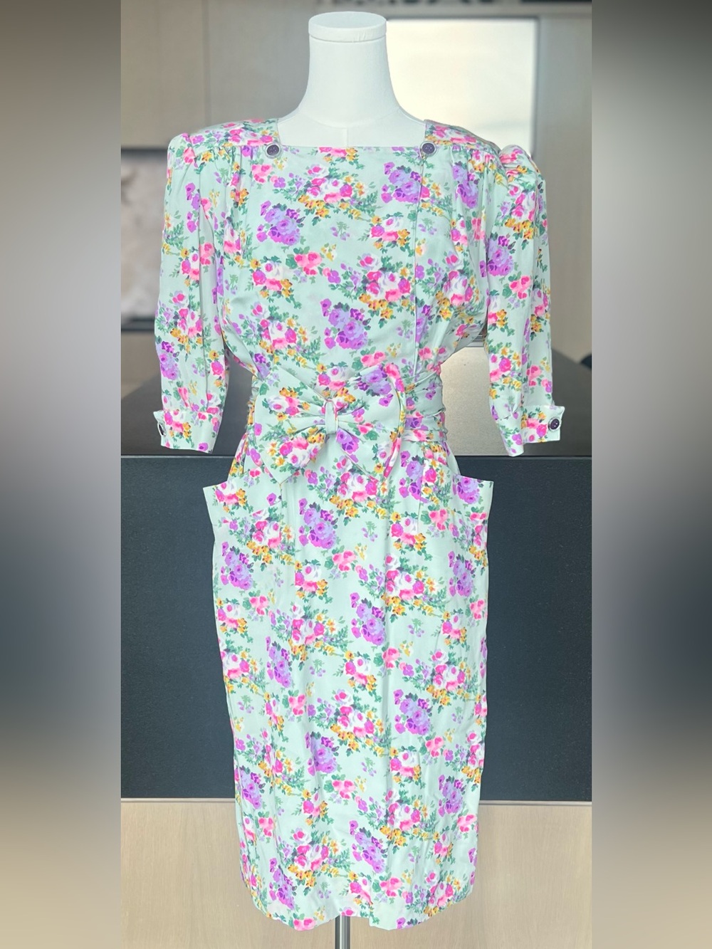 Nina Ricci Mint Floral Tie-Waist Midi Dress with Pink & Lavender Blooms